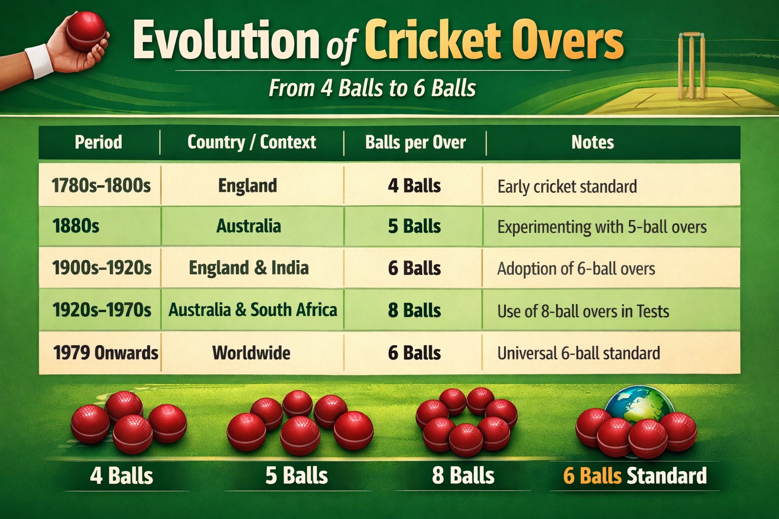 Why cricket overs changed from 4 to 6 balls