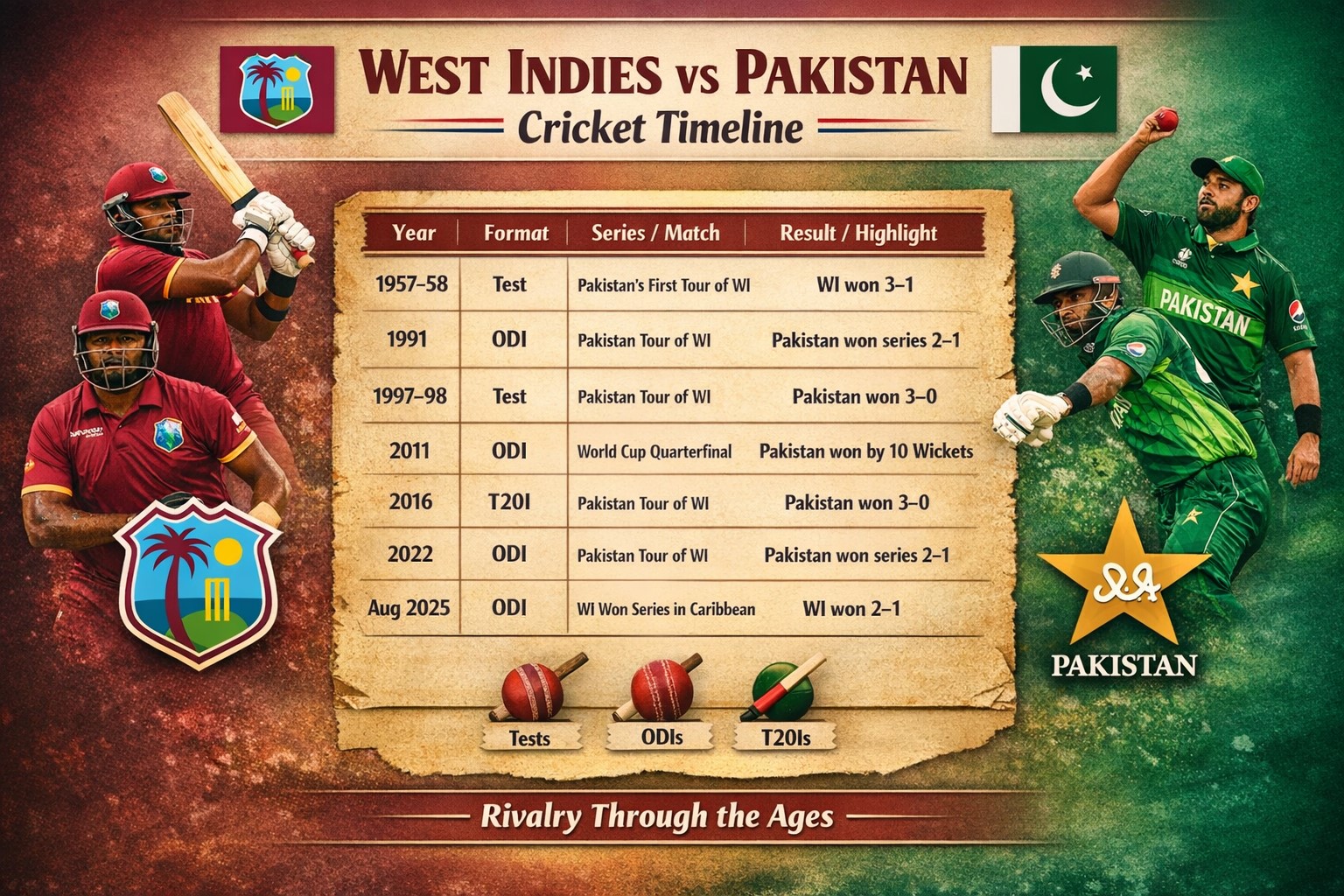 west indies cricket team vs pakistan national cricket team timeline