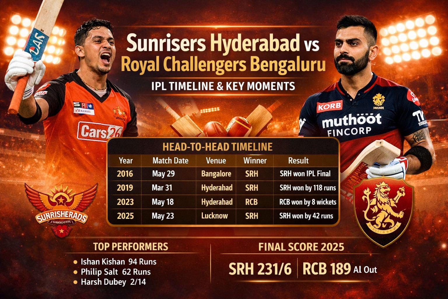 sunrisers hyderabad vs royal challengers bengaluru timeline