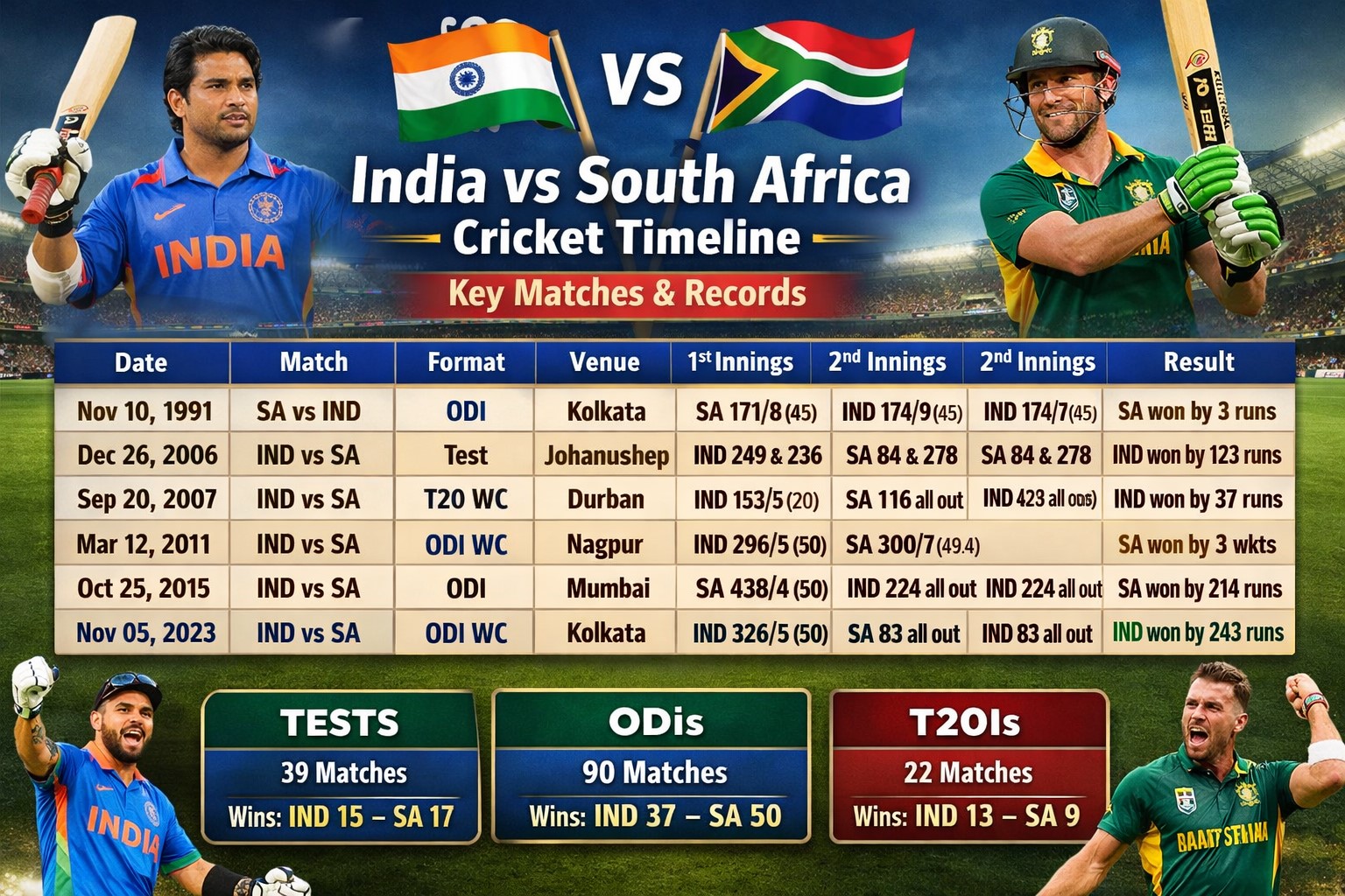 south africa national cricket team vs india national cricket team timeline